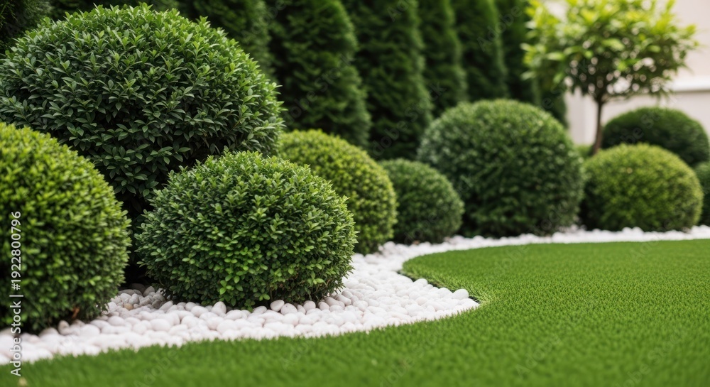 custom made wallpaper toronto digitalLush green, trimmed shrubs, and verdant grass with white stones creating a manicured garden