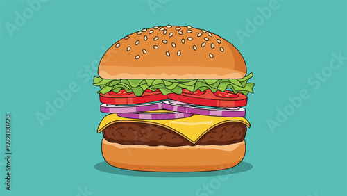Delicious gourmet burger with sesame bun, meat patty, cheese, tomato, onion, and lettuce is shown on a blue background.