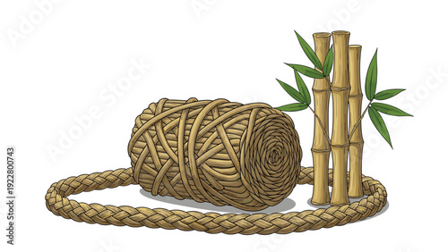 Hemp rope roll and a length of braided rope are shown next to several green bamboo stalks on a white background.