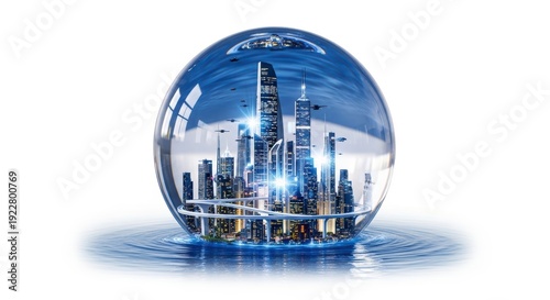 A glass sphere reflects a cityscape with tall buildings and skyscrapers standing in water with ripples and a blue sky