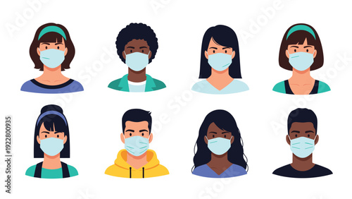 Group of diverse individuals wearing protective light blue medical face masks for health safety and virus prevention on white background.