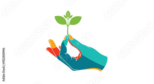 A colorful illustration depicting a hand gently holding a small green sprout
