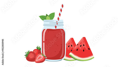 Refreshing watermelon and strawberry smoothie in a glass mason jar with a striped straw and fruit slices on a plain white background.