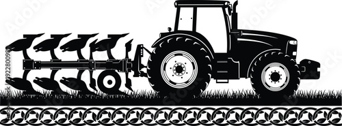 Agricultural tractor with plow silhouette vector illustration farming machinery working on field soil cultivation rural landscape design