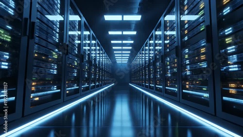 Dark, futuristic server room with blue lighting, rows of glowing servers, and reflective floor