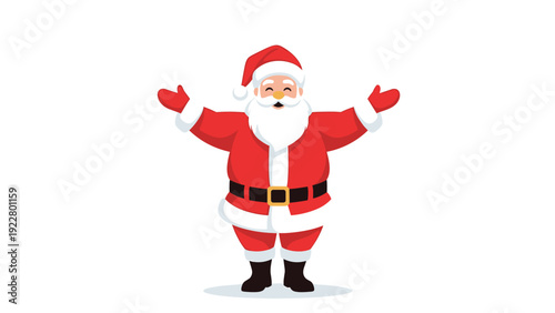 Jolly Santa Claus with open arms and a friendly smile wearing his traditional red suit and hat for Christmas holiday celebrations.