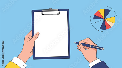 Businessman hands holding a clipboard and pen to write notes next to a colorful pie chart on a light blue background for analysis.