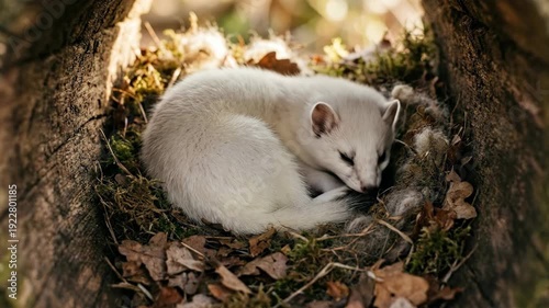 A tiny ermine curled up asleep in its natural habitat a hollow log nestled amongst moss leaves and twigs its white fur bright against the earthy tones