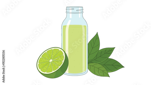 Clear glass bottle of fresh lime juice alongside a halved green lime and vibrant leaves on a white background for wellness.