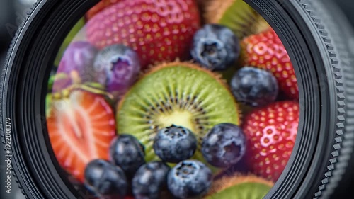 Close-up view of colorful fruits through a camera lens
