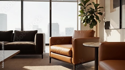 Modern office lounge with leather chairs, dark sofa, and plants