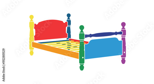Colorful illustration of a wooden bed frame with a headboard and footboard