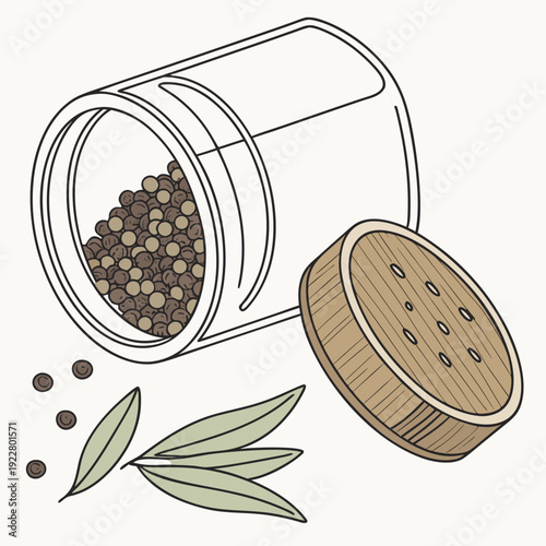 Glass pepper grinder with peppercorns spilling out, natural ingredient, culinary seasoning for gourmet cooking, illustration.