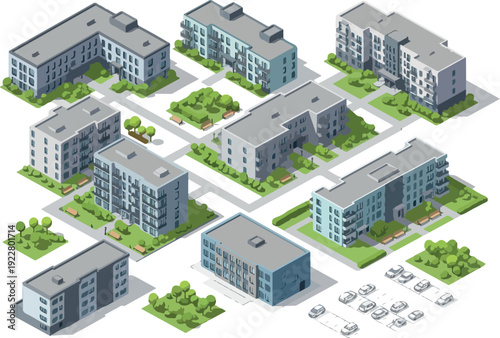 Aerial view of a modern urban neighborhood with buildings, trees, and cars