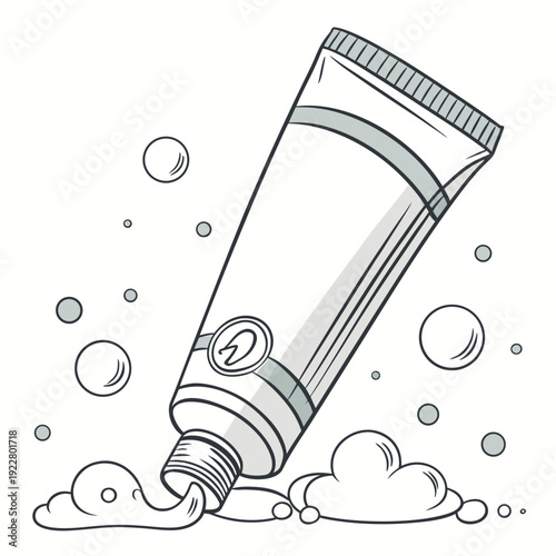 Illustration of a tube of toothpaste squeezing out paste with bubbles and foam, symbolizing dental hygiene and clean teeth.