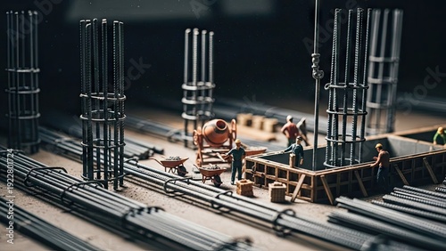 Miniature construction site with workers concrete mixer and steel rebar details