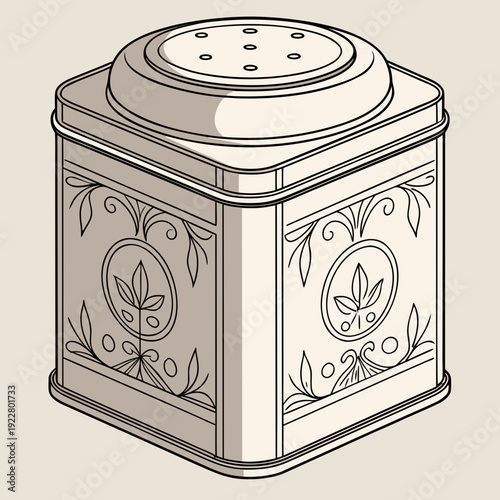 Square tin container with ornate decorative patterns and a lid with holes, suitable for storing tea or spices.