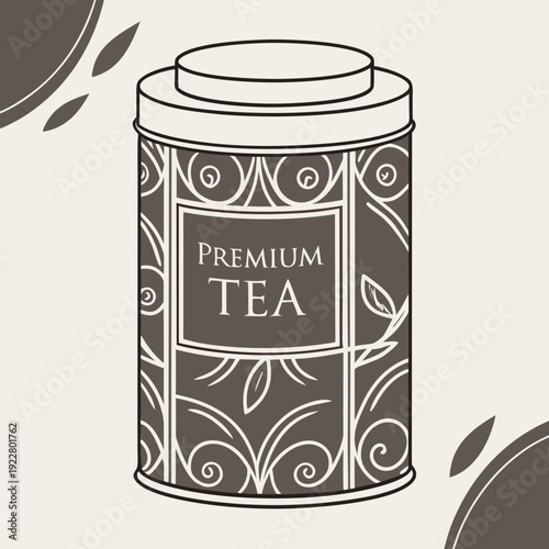 Elegant cylindrical tin can with decorative floral scrollwork and a label for 'PREMIUM TEA', perfect for tea packaging.