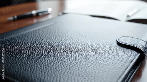 A close-up view of a textured black leather notebook with a pen and glasses