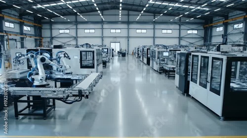 Automated assembly line with robotic arms, conveyor belts, and machinery