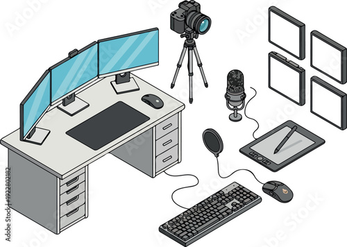 A graphic illustration of a workspace setup with computer, camera, and graphic tablet for content creation from a slightly angled viewpoint