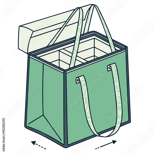 Isometric vector illustration of an open, empty green cooler bag with a segmented interior and fabric handles, perfect for picnics and outdoor activities.