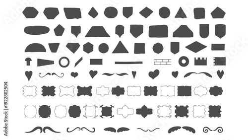 Diverse collection of dark gray basic geometric shapes, crests, hearts, frames, and ornate flourishes on white background