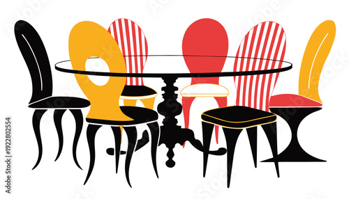 Vibrant chairs surround modern table in stylish dining setting