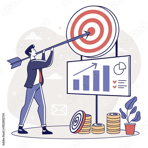 Businessman aims arrow at financial target.