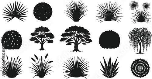 Black tree and plant silhouette collection vector set with bushes shrubs and decorative botanical landscape elements