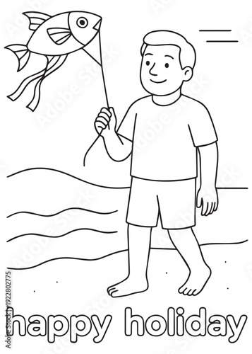 coloring book  father flying a kite near the ocean waves