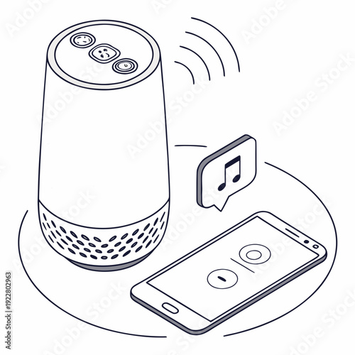 Smart speaker connected to smartphone via Bluetooth, playing music wirelessly, smart home audio device illustration