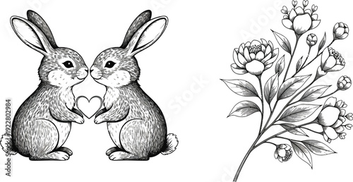 Two adorable rabbits holding heart surrounded by beautiful flowers together