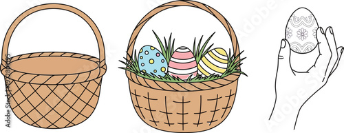 Hand holding easter egg with easter eggs in wicker baskets nearby