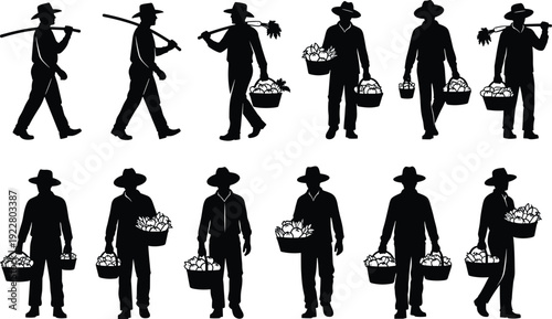 Farmer silhouette vector collection carrying harvest baskets and tools rural agriculture worker illustration set isolated on white