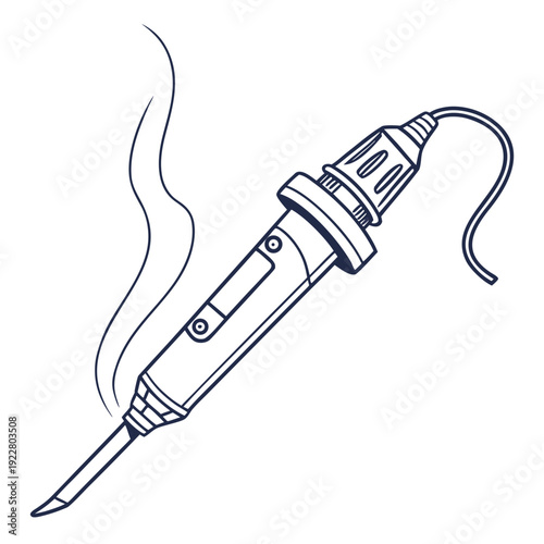 Line art illustration of a modern soldering iron with smoke, representing precision electronics work and soldering techniques.