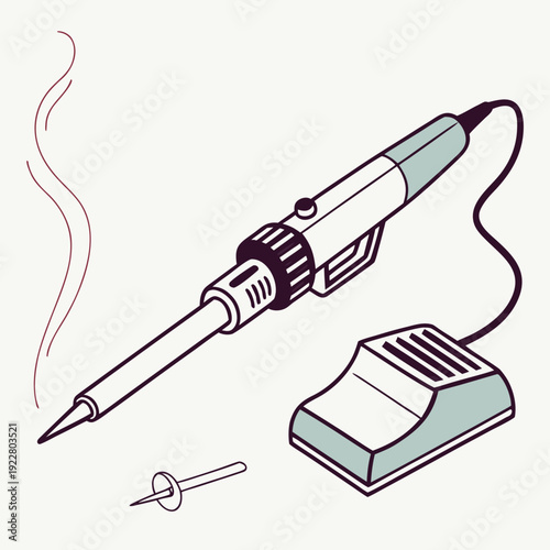Retro illustration of a soldering iron with a foot pedal and smoke, perfect for electronics repair and crafting projects.