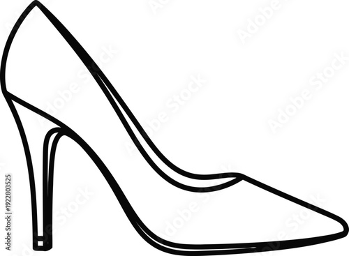 A black and white line drawing of a high heeled shoe