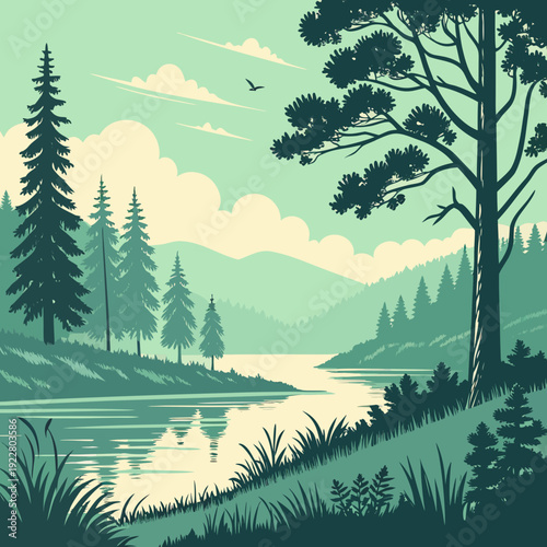 Forest river valley scene displays calm nature.