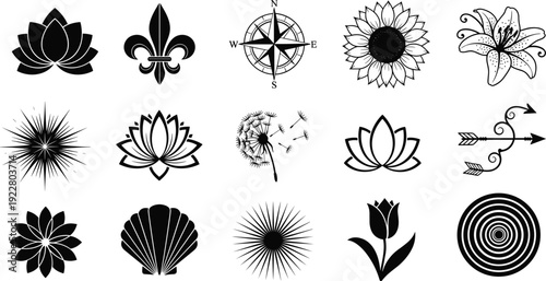 Floral and decorative symbol silhouette vector collection with lotus compass sunflower arrows shells and ornamental design elements