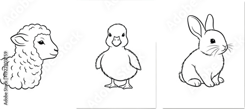 Cute cartoon animals including lamb duck and rabbit on white background
