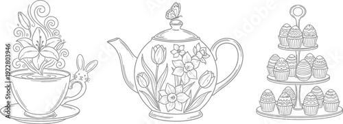 Easter celebration with teapot and decorative eggs in spring theme
