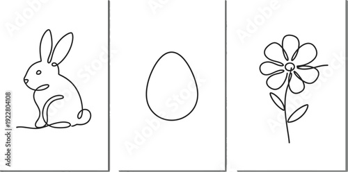 Minimalist line art featuring a cute bunny with egg and flower