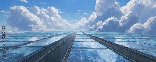 A surreal highway made of floating holographic panels