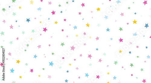 White background sprinkled with randomly scattered, colorful, five-pointed stars of varied sizes