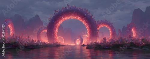 Giant floating donuts forming a glowing archway city entrance