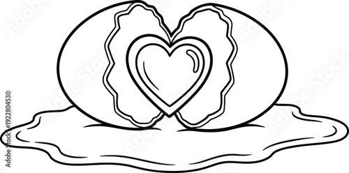 Black and white line art illustration of oyster with heart shaped pearl