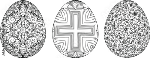 Three ornate easter eggs with intricate designs and patterns featured