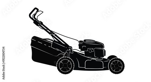 Black and white silhouette of a push lawn mower with a side discharge