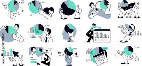 15 Data Visualization Illustrations Characters with Pie Charts, Bar Graphs and Analytics Dashboards for SaaS and Business Reports